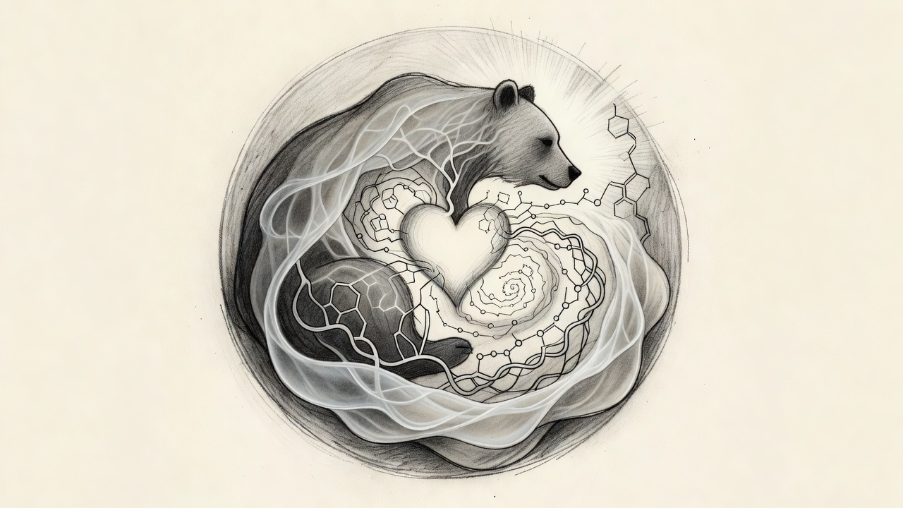 Composición circular que muestra el cuerpo de un oso en hibernación, con capas de grasa, un corazón lento y moléculas de urea transformándose en proteína.