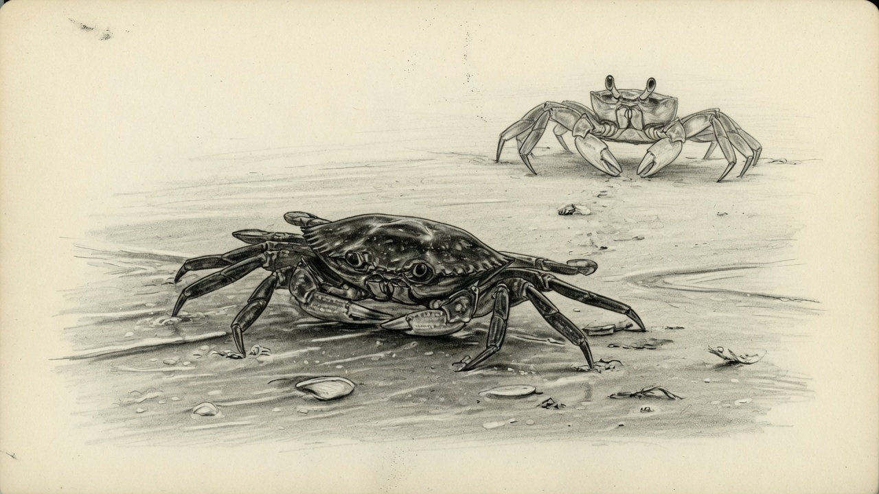Ilustración de dos cangrejos, el de delante andando de lado.