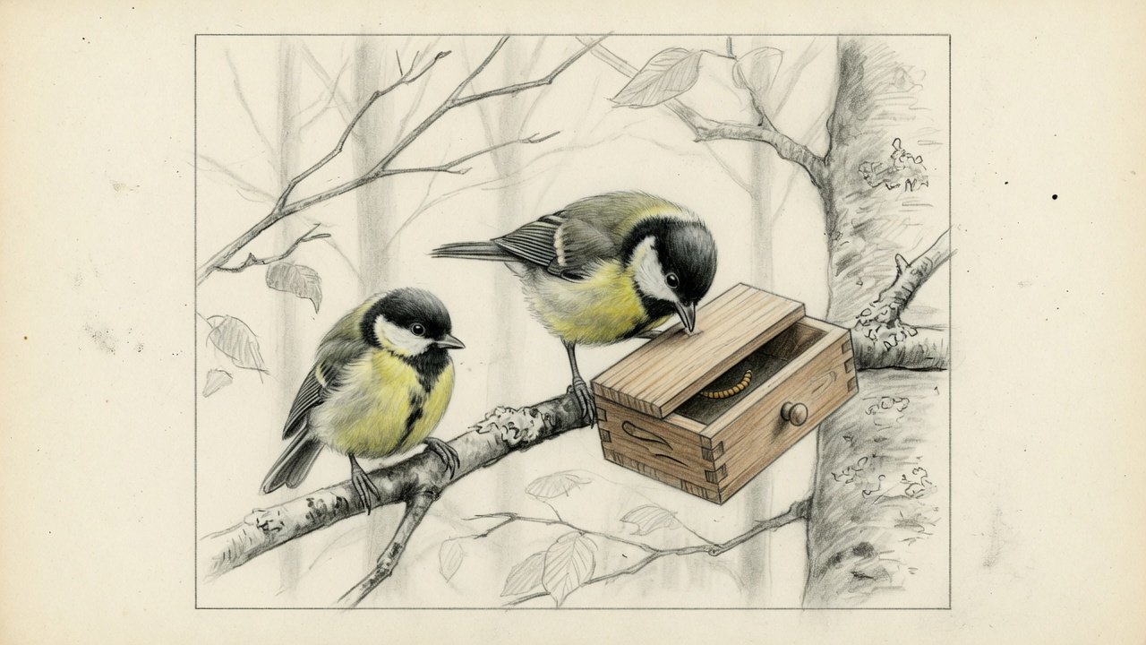 Ilustración de dos carboneros junto a una caja de madera.