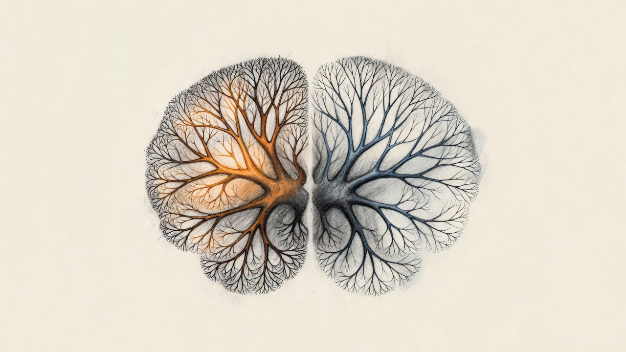 Ilustración de dos patrones opuestos de ramificación neuronal en la corteza prefrontal de ratón, uno denso y cálido, otro disperso y frío.