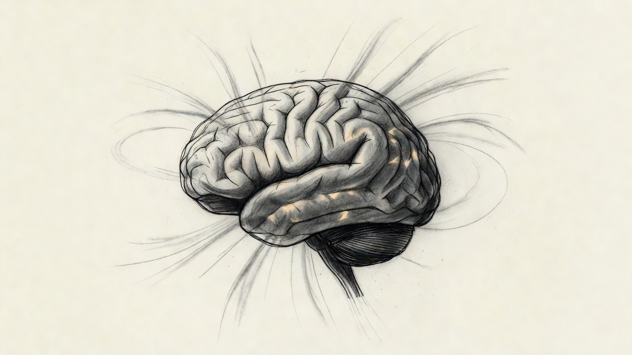 Cerebro de ratón con líneas de campo magnético fluyendo silenciosamente a través del tejido neural, regiones oxigenadas brillando en tonos cálidos.