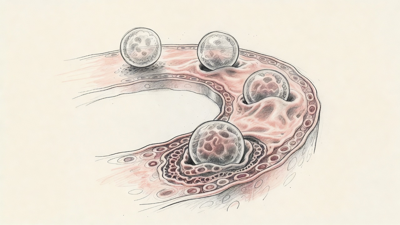 Secuencia circular de un blastocisto situándose, adhiriéndose, penetrando y quedando implantado en las capas del endometrio uterino.