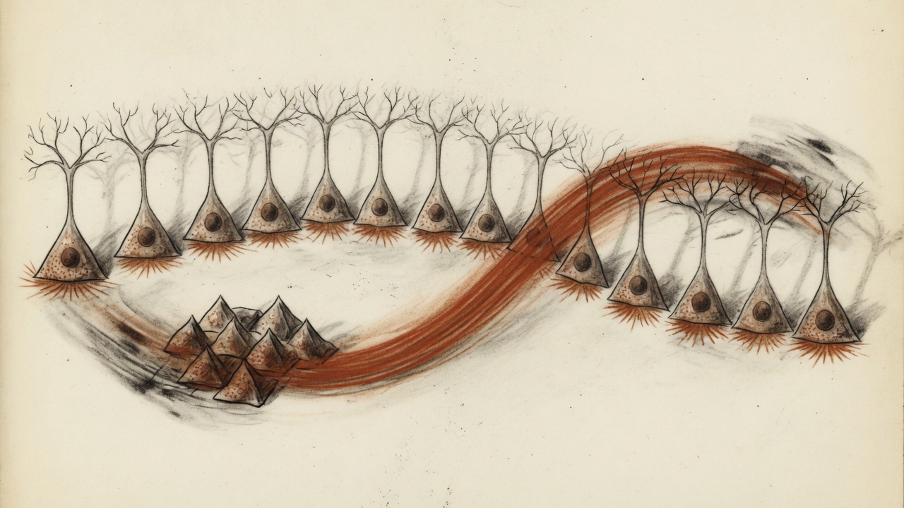 Ilustración de un sharp-wave ripple: unas pocas neuronas disparan juntas un instante, entre otras en reposo
