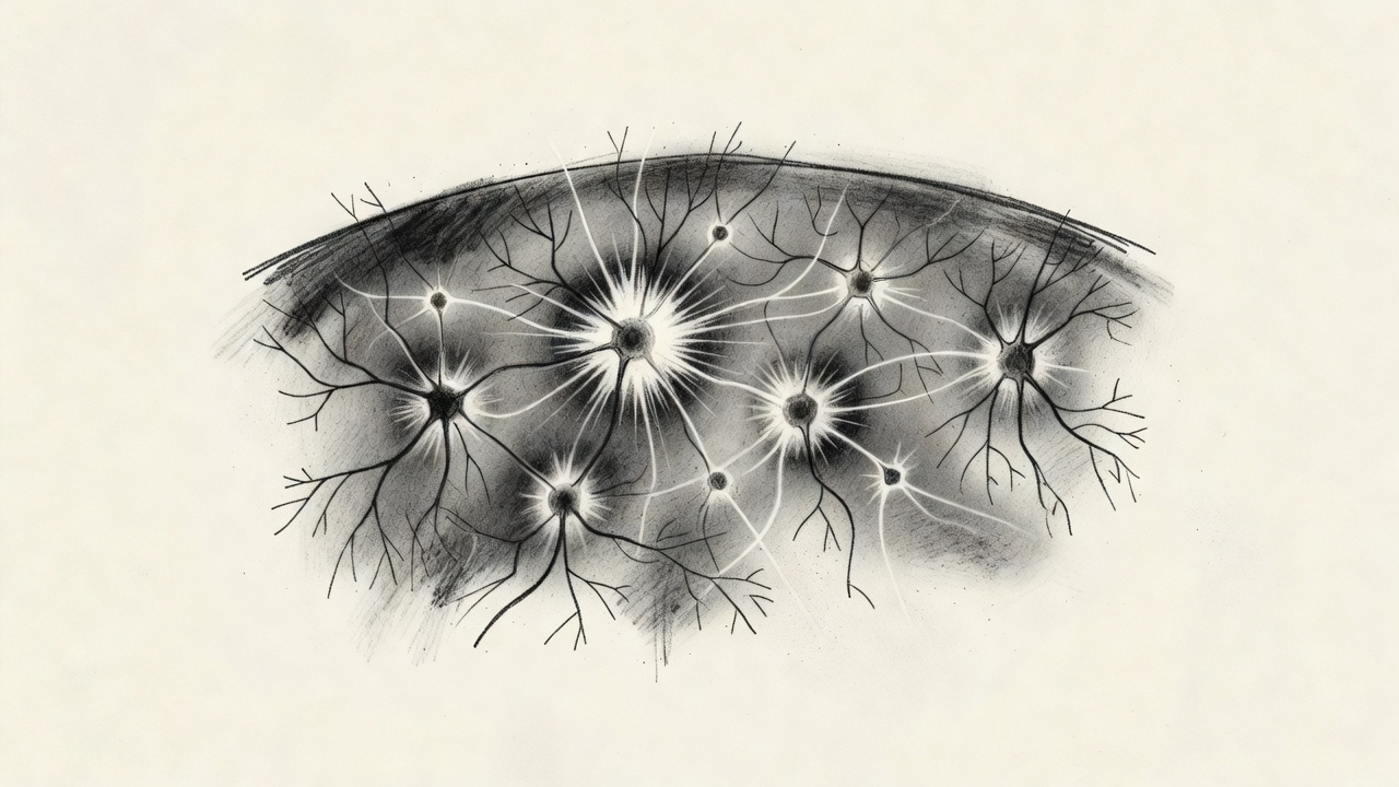 Ilustración del bulbo raquídeo con neuronas del núcleo dorsal del rafe resaltadas en color, mostrando conexiones sinápticas que permanecen inactivas pero potencialmente activables.