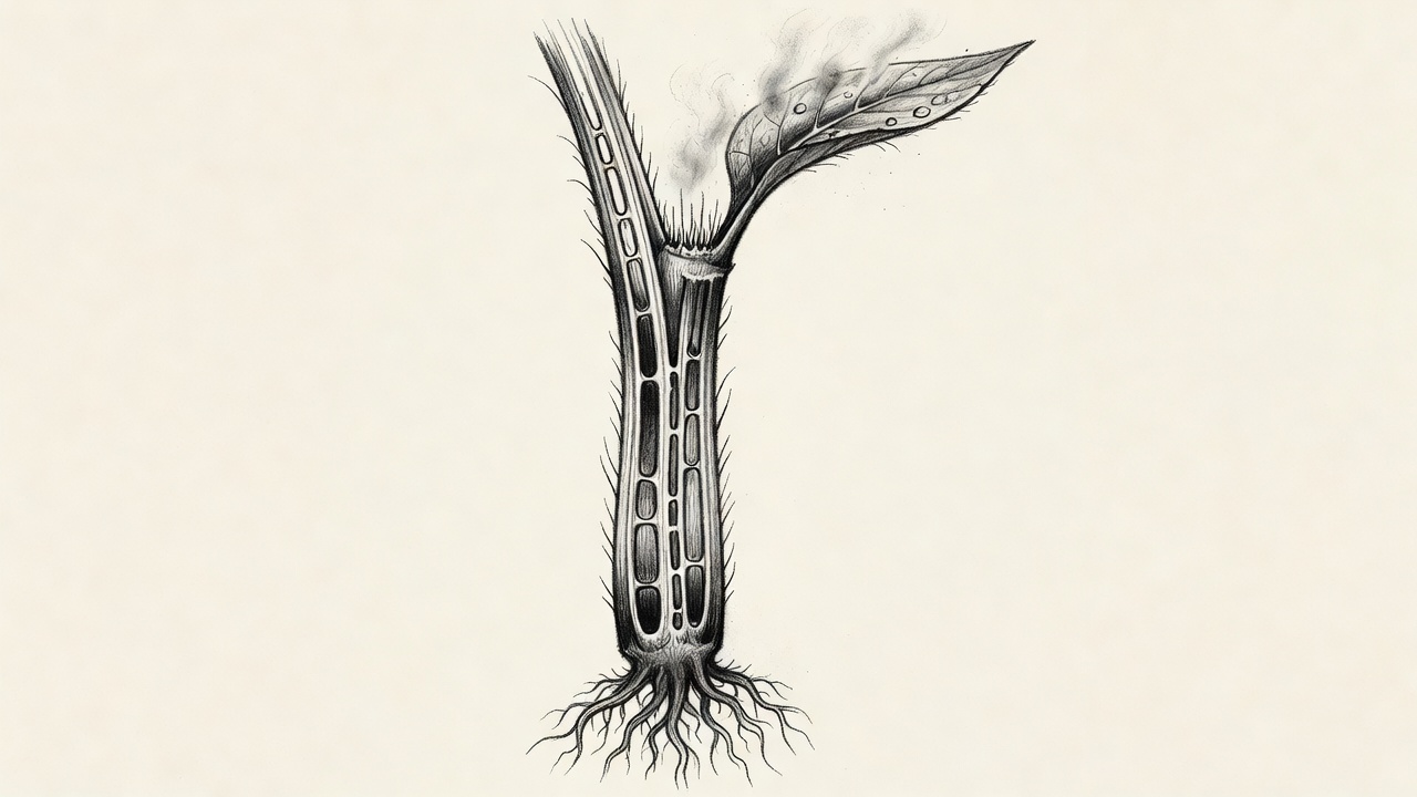 Corte transversal de una planta que muestra los tubos finos del xilem desde la raíz hasta las hojas, con agua ascendiendo y evaporándose por los poros foliares.