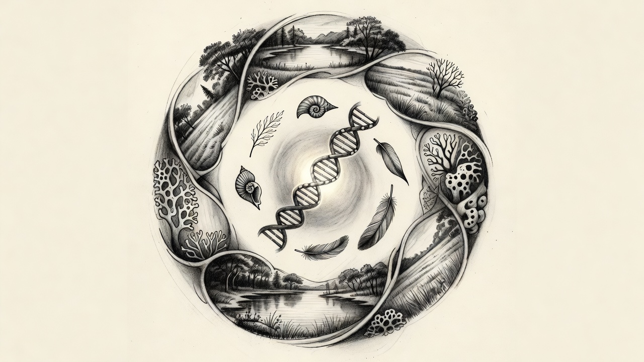 Composición en espiral que pasa de una hélice de ADN en el centro a siluetas de distintos organismos y luego a un mosaico de paisajes diversos en el borde exterior.