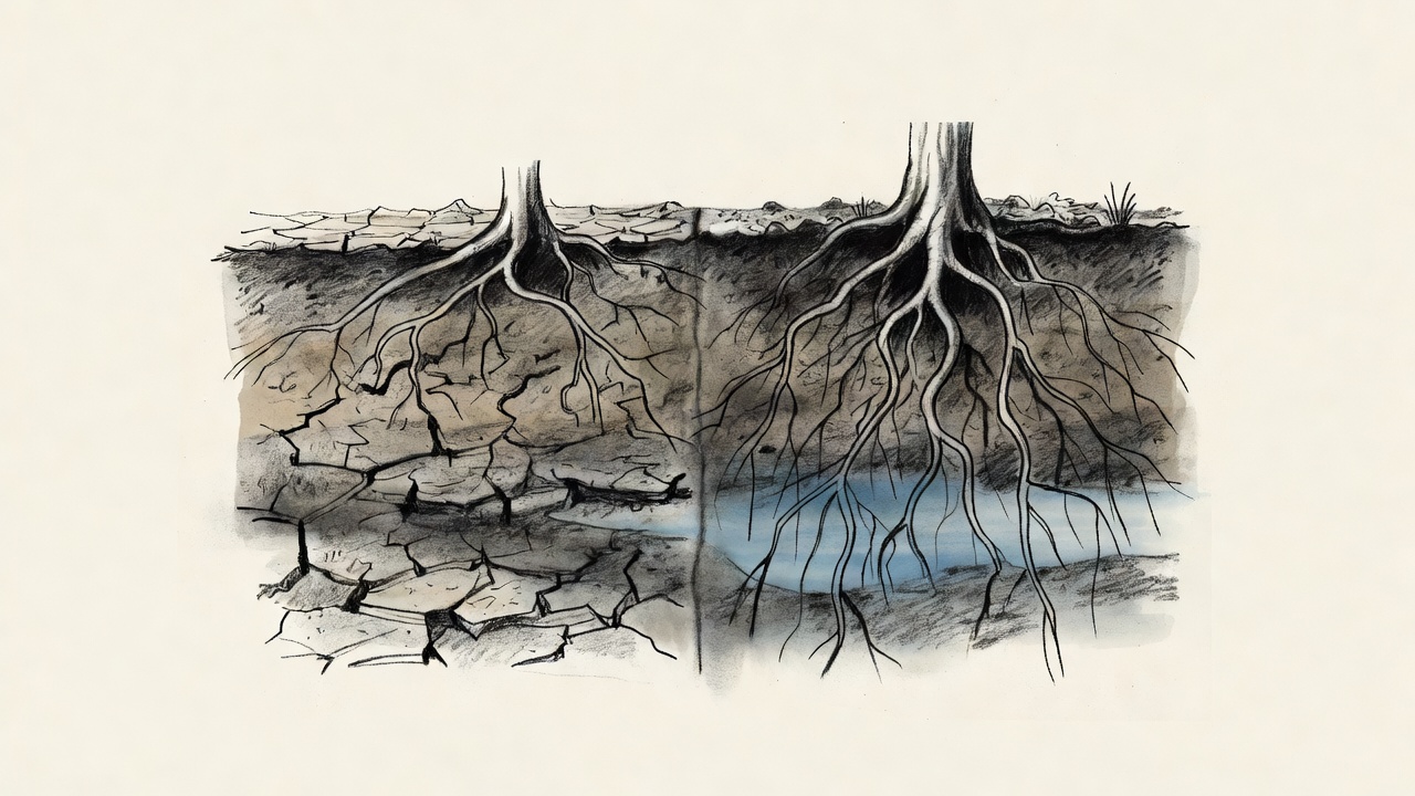 Corte transversal del suelo de un bosque que muestra dos sistemas de raíces: unas llegan hondo hasta el agua, otras se quedan cerca de la superficie seca.