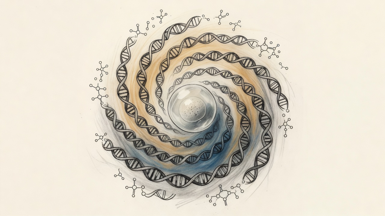 Espiral que muestra moléculas simples transformándose en cadenas como ARN y culminando en una célula primitiva central.