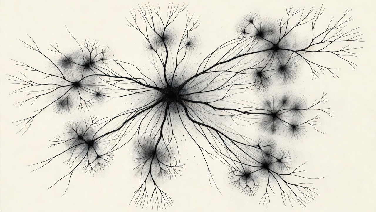 Mapa de axones de serotonina en el cerebro mostrando grupos funcionales de neuronas (en diferentes colores) que se distribuyen hacia regiones cerebrales no necesariamente adyacentes, conectando áreas que trabajan juntas.