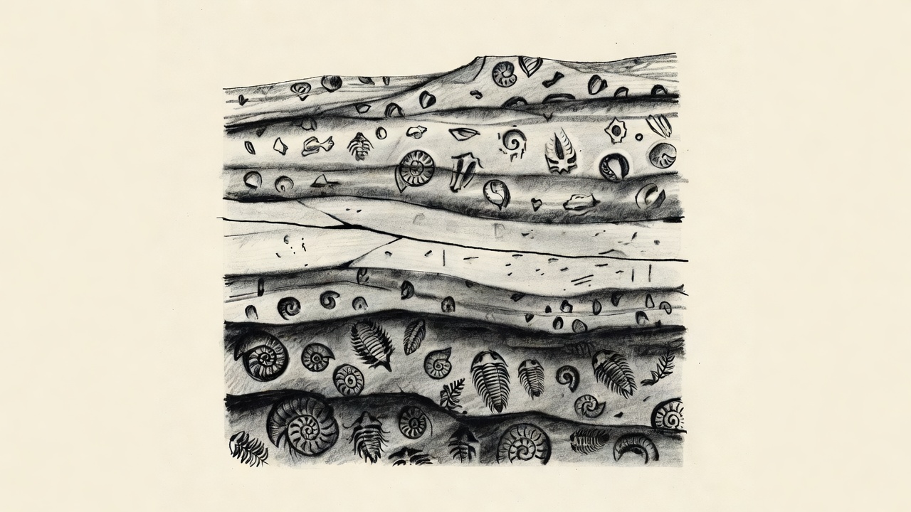 Capas de roca sedimentaria que muestran una abundancia de fósiles, un corte brusco con pocos fósiles, y una recuperación gradual de la variedad en las capas superiores.