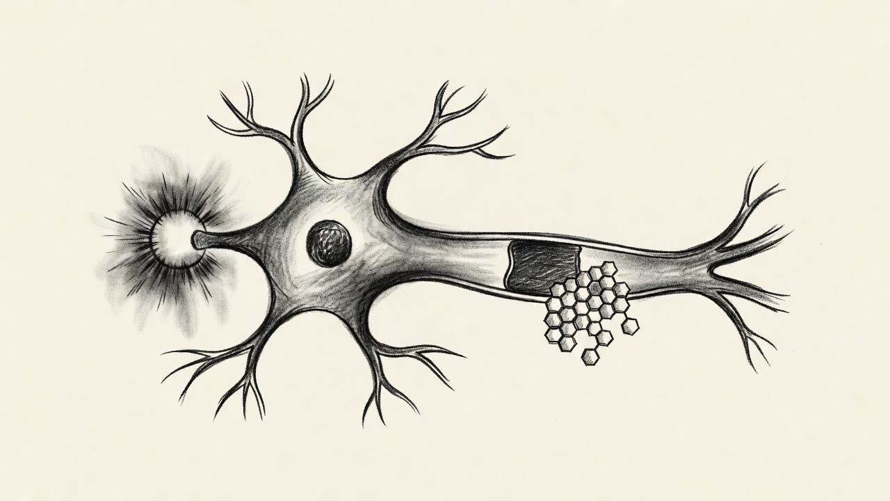 Ilustración de una neurona con su transportador de lactato bloqueado, mostrando moléculas de lactato acumuladas fuera y un brillo interior apagándose.