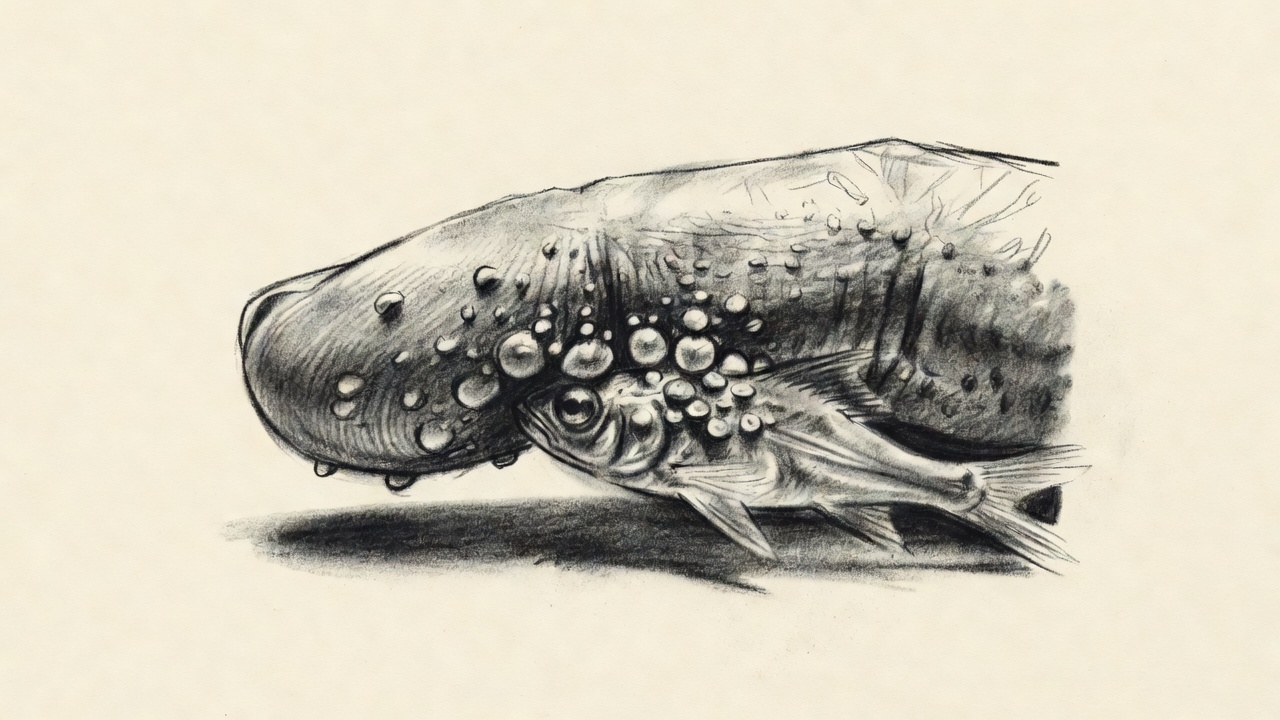 Detalle de la punta de un dedo de rana de Surinam con sus lóbulos sensoriales tocando a un pez, ilustrando cómo detecta la presa antes de tragarla