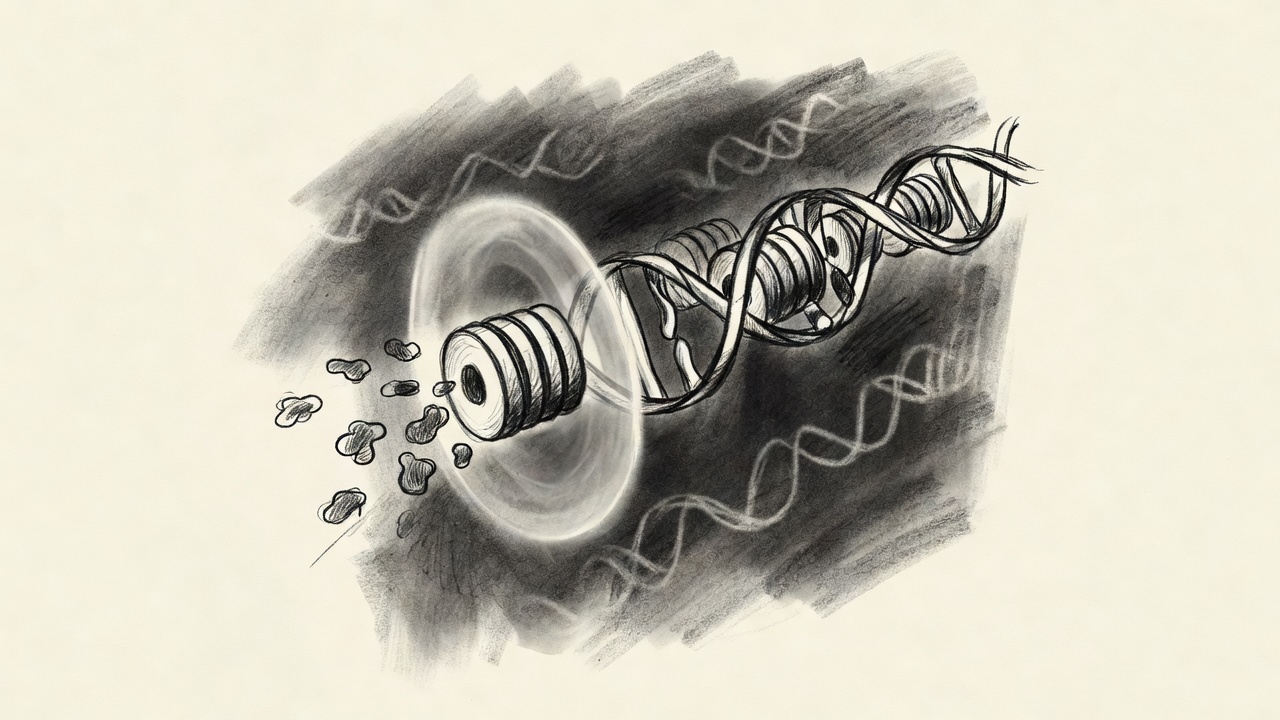 Ilustración de ADN enrollado en estructuras de histonas, con una barrera luminosa que detiene pequeñas formas de enzimas antes de llegar a una de ellas.