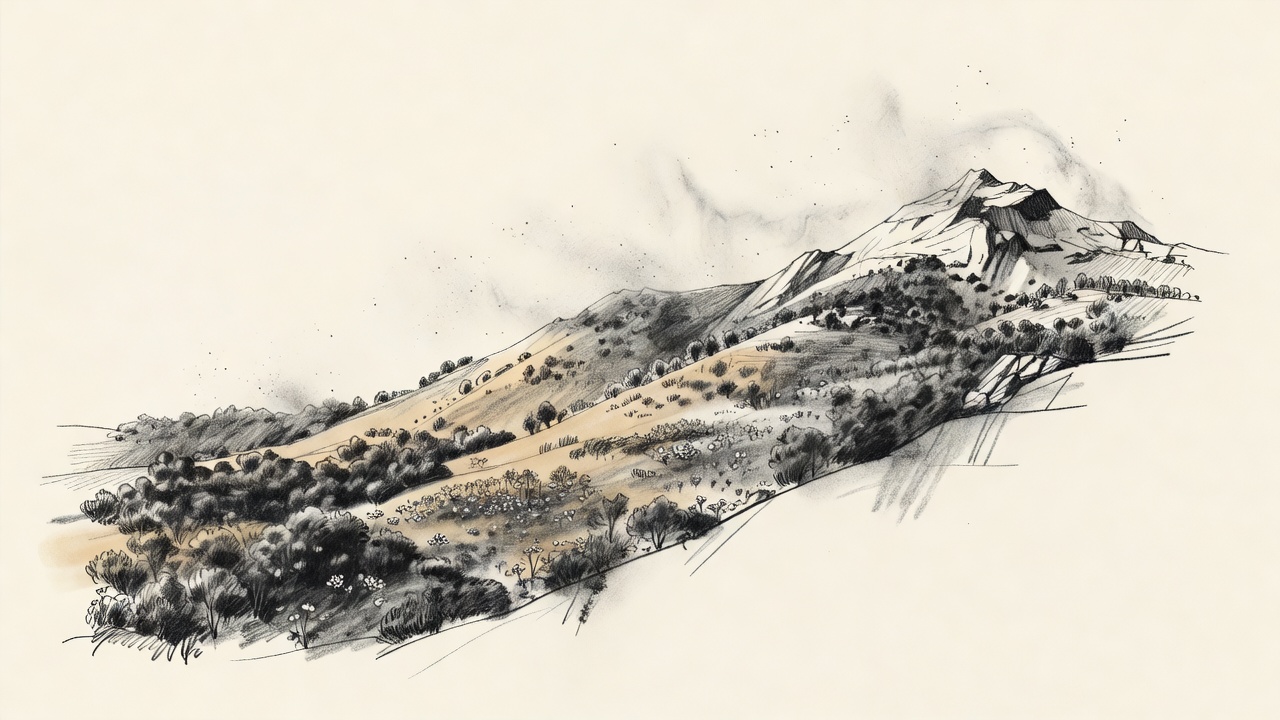 Paisaje en corte desde la llanura hasta la cima de una montaña, con una capa molecular sobre la atmósfera, un degradado de calor a frío, y parches de vegetación que se reducen hasta un pico rocoso y vacío.