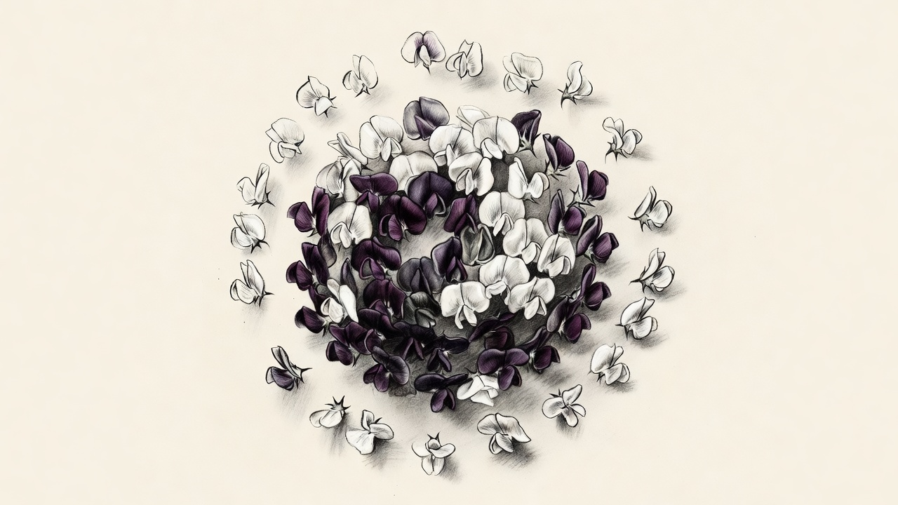 Una composición circular de flores de guisante violetas y blancas, con las violetas predominando en una proporción de tres a una, dispuestas en espiral como generaciones sucesivas.
