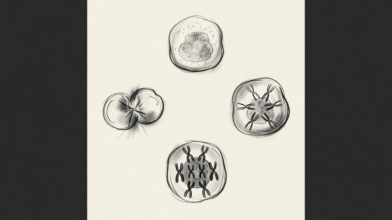 Ilustración circular que muestra una célula en cuatro momentos: cromatina suelta, cromosomas duplicados, cromosomas alineados y dos células separándose.