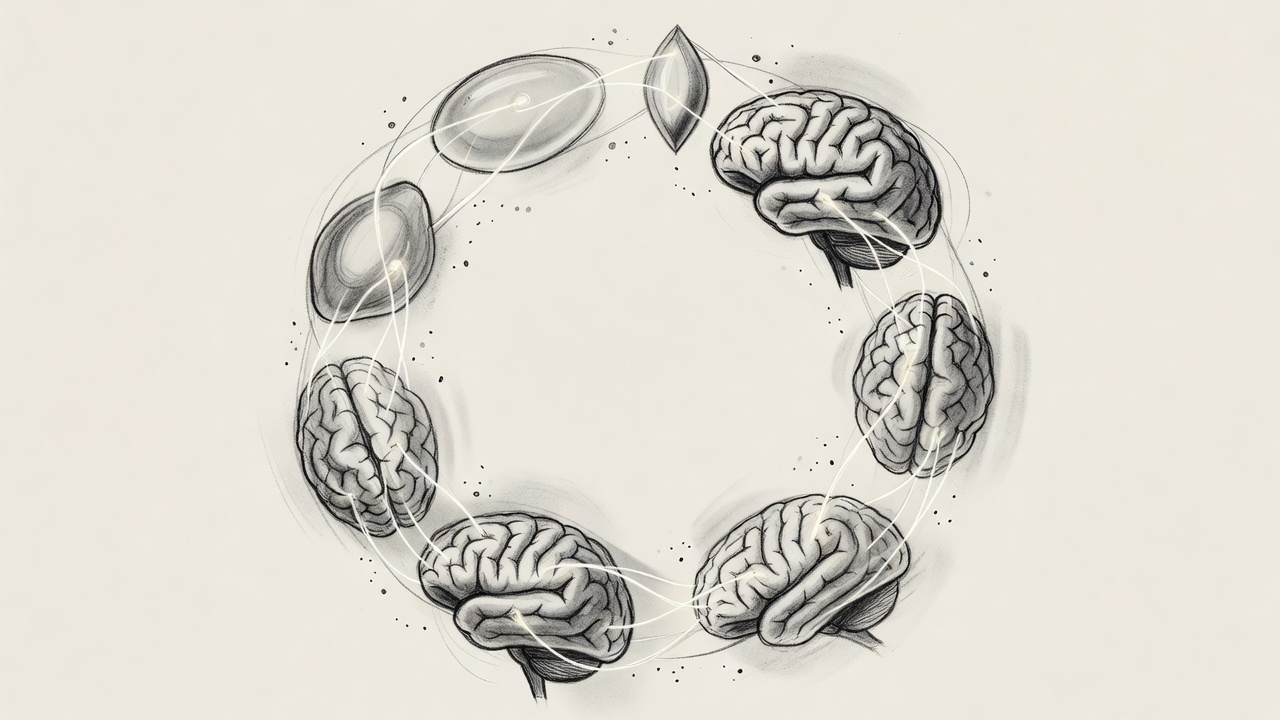 Formas cerebrales translúcidas del tálamo, la amígdala y la corteza prefrontal unidas por hilos sinápticos luminosos en un recorrido circular.