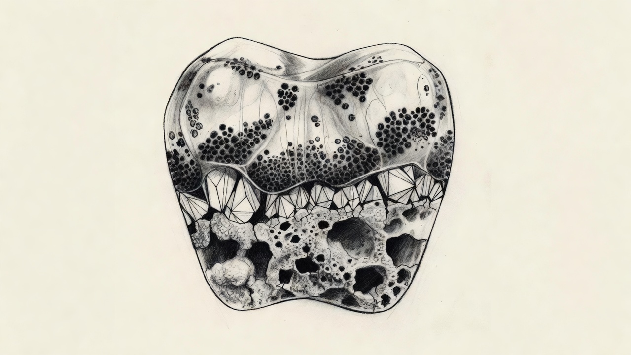 Corte transversal de la superficie dental mostrando capas de biofilm bacteriano sobre el esmalte, con una zona inferior de estructura mineral erosionada y porosa.