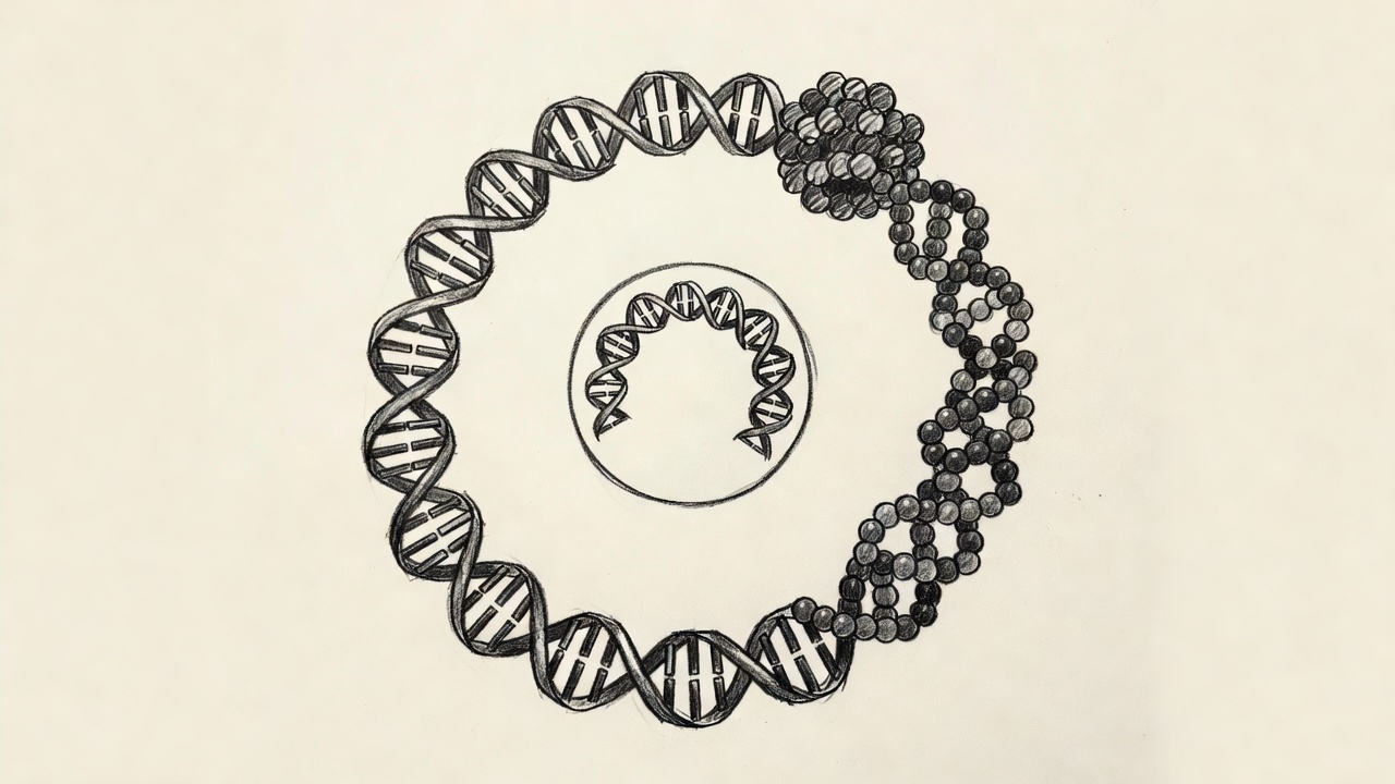 La imagen muestra la doble hélice de ADN desenrollándose en una hebra de ARN mensajero que sale del núcleo hacia un ribosoma, donde se forma una cadena de aminoácidos que se pliega en una proteína.