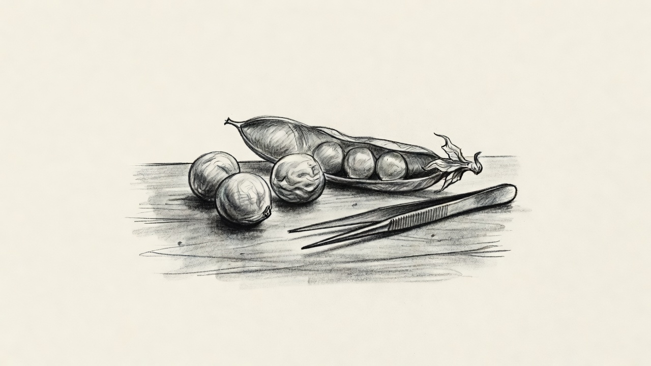 Semillas de guisante redondas y arrugadas sobre una mesa de madera, junto a una vaina abierta y unas pinzas.