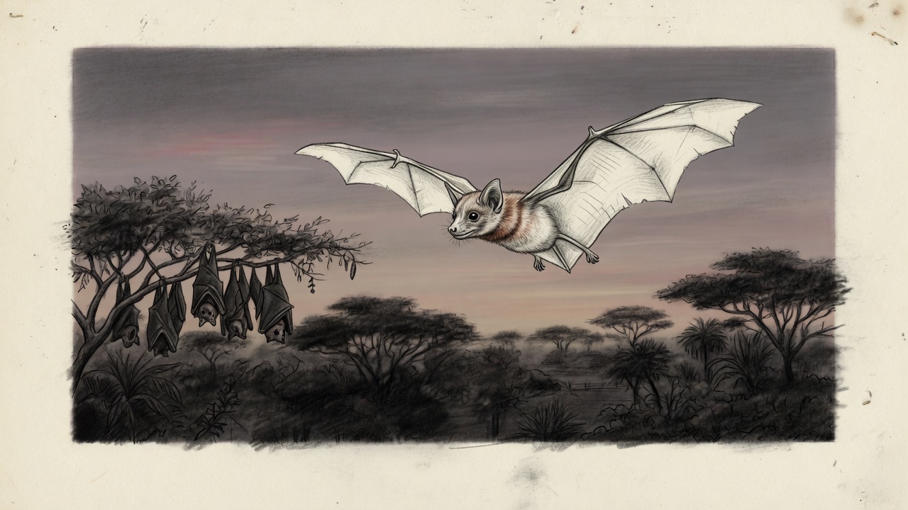 Ilustración de un murciélago de cara de zorro saliendo de un refugio.