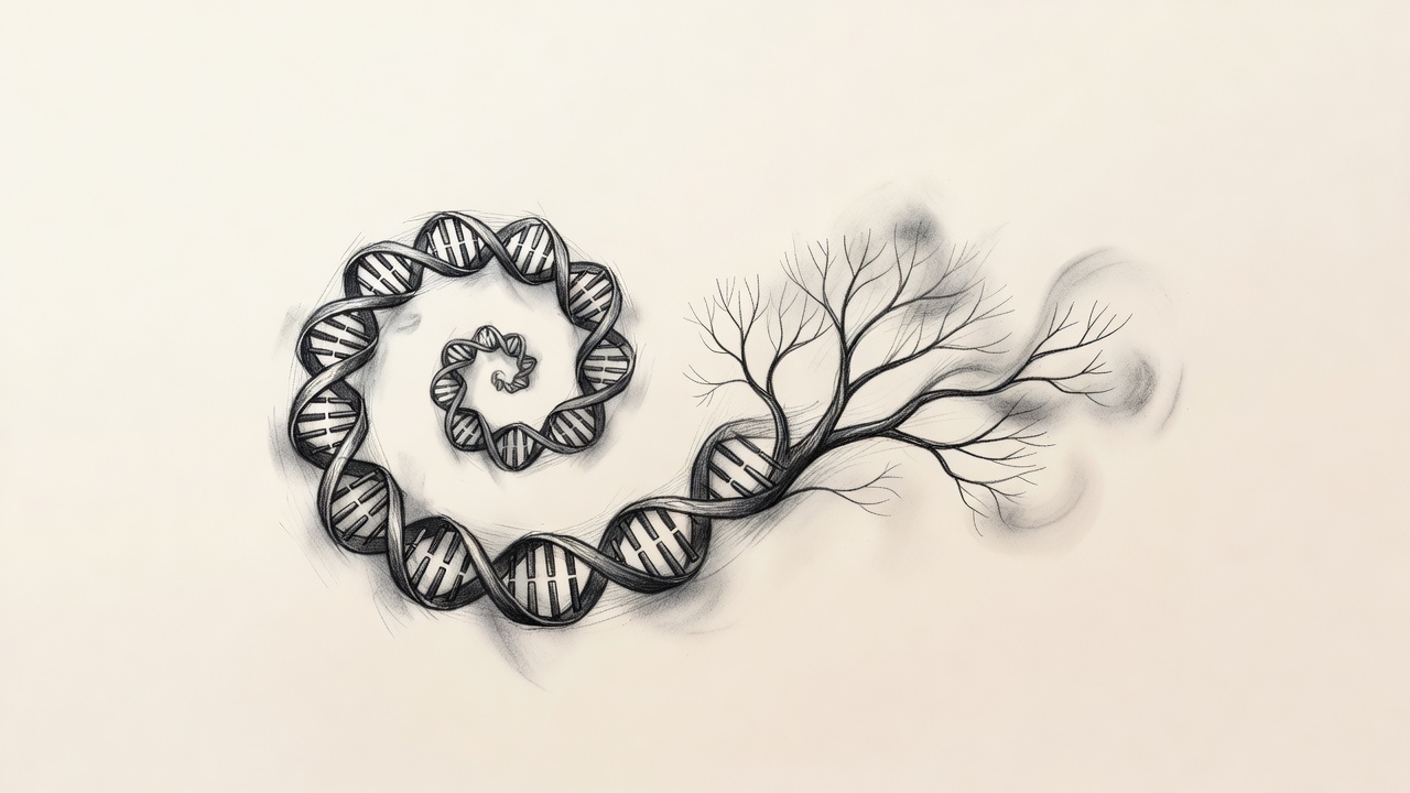 Una espiral de hélices de ADN que se transforma en ramas con formas y colores distintos, representando los mecanismos de la evolución.