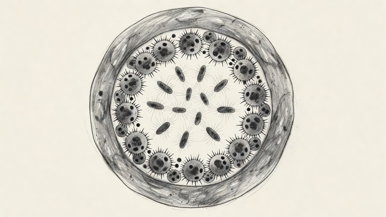 Composición circular que representa las tres capas del sistema inmunitario: una barrera externa, una capa intermedia de células genéricas y un núcleo de células específicas con patrones de memoria.