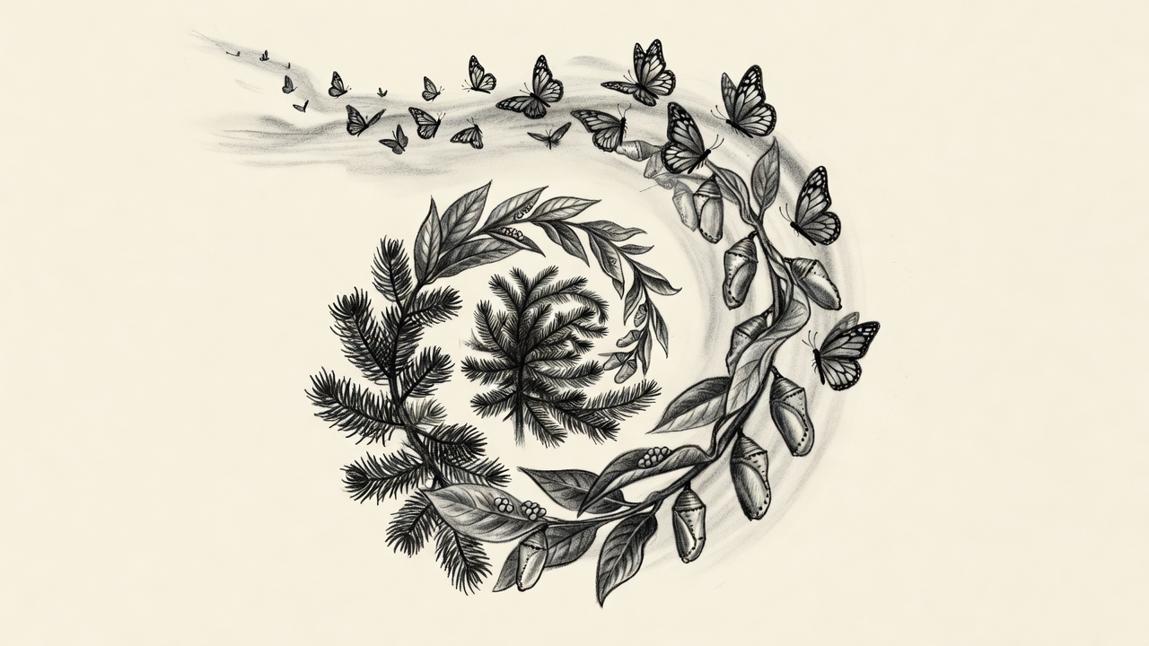 Una composición en espiral que muestra ramas de oyamel, hojas de algodoncillo con huevos, crisálidas y alas de mariposa monarca en vuelo hacia un horizonte norteño.