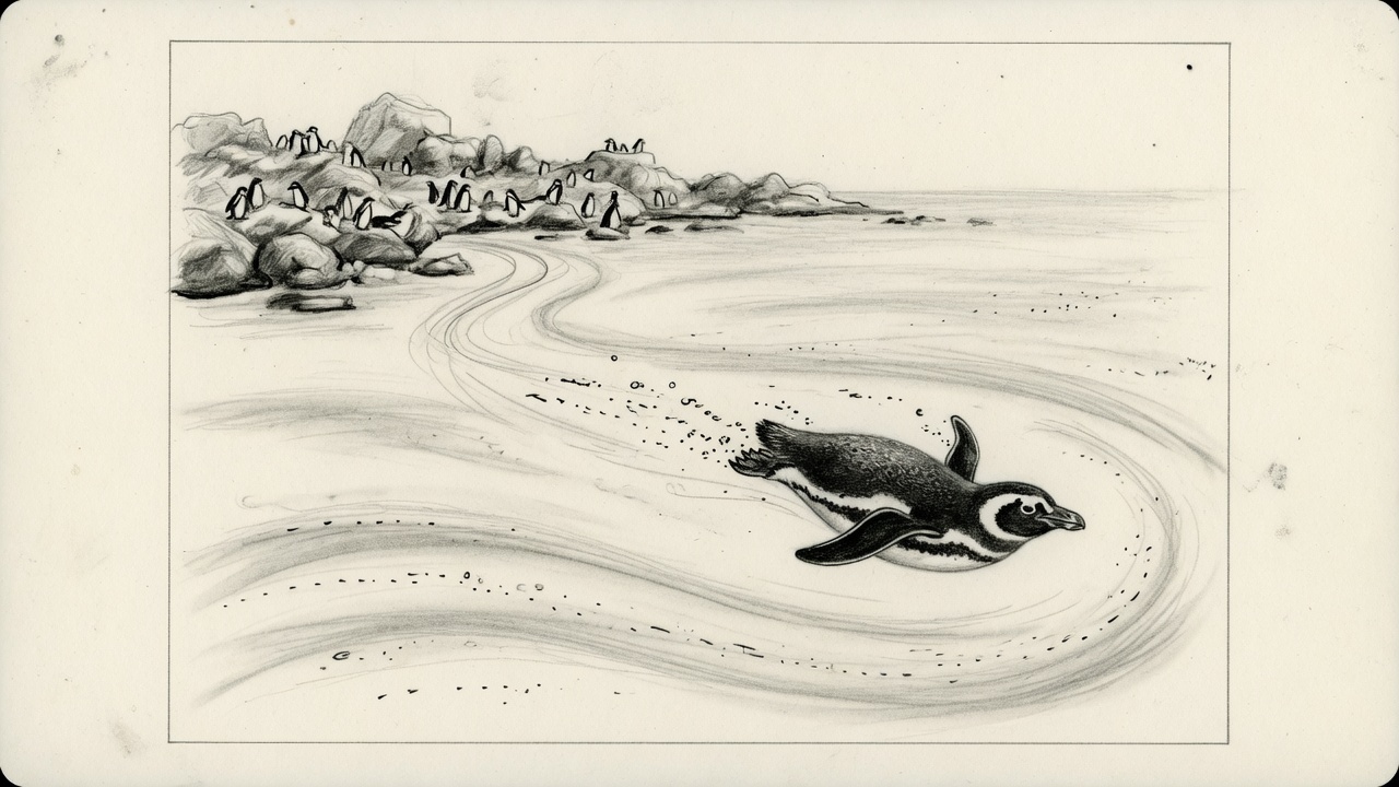 Ilustración de un pingüino de Magallanes sobre un camino en forma de ese.