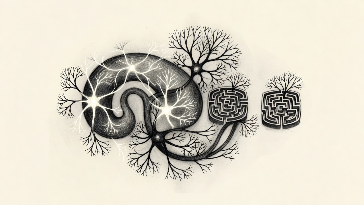 Ilustración de una estructura con forma de hipocampo, con brotes neuronales jóvenes brillantes entre ramas maduras, junto a dos cámaras de laberinto casi idénticas.
