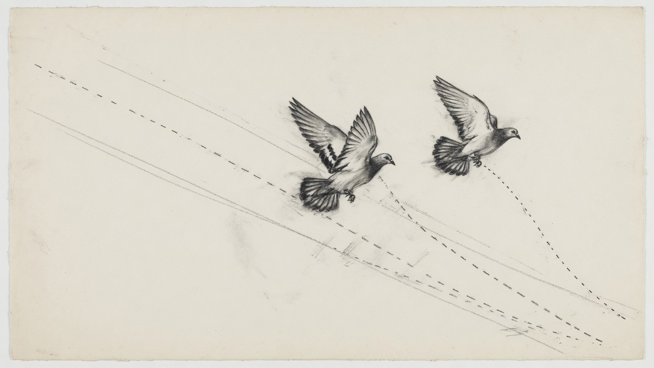 Ilustración de dos palomas entre el balcón y la farola, con el trazo de cada una y un tercero por el medio.