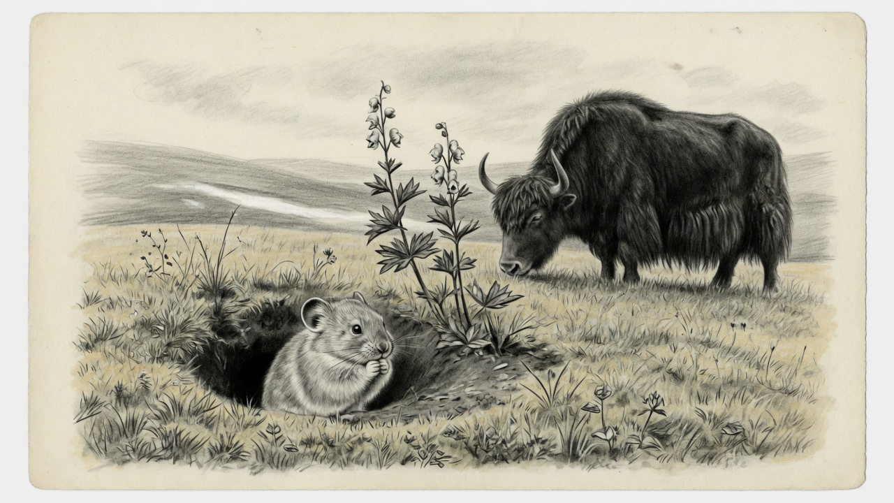 Ilustración de una pica en una madriguera, un yak y una planta alta.