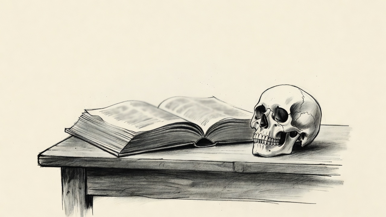 Un libro antiguo de anatomía abierto sobre un escritorio, con una calavera al lado.