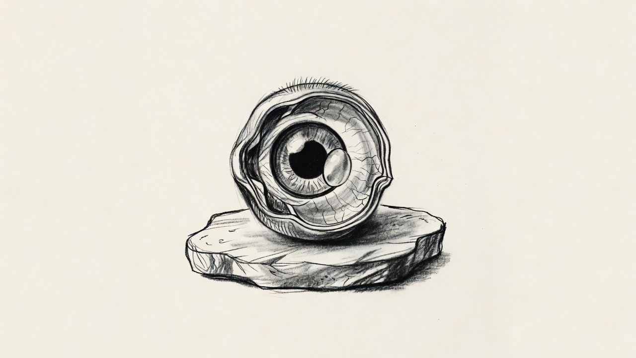 Un ojo abierto por la mitad sobre una losa, con sus capas una dentro de otra y el cristalino pegado al agujero del iris.