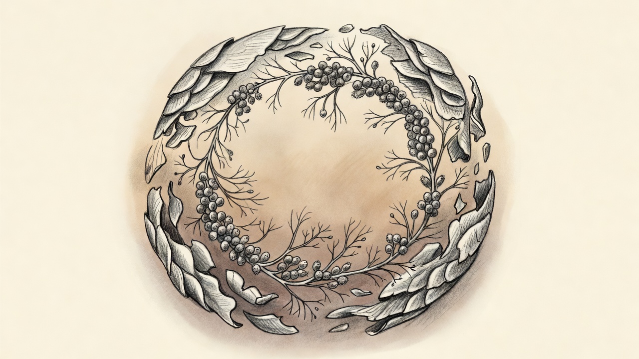 Ilustración circular del ciclo del hongo: esporas, hifas ramificadas y capas de piel deshaciéndose en un ambiente cálido y húmedo.