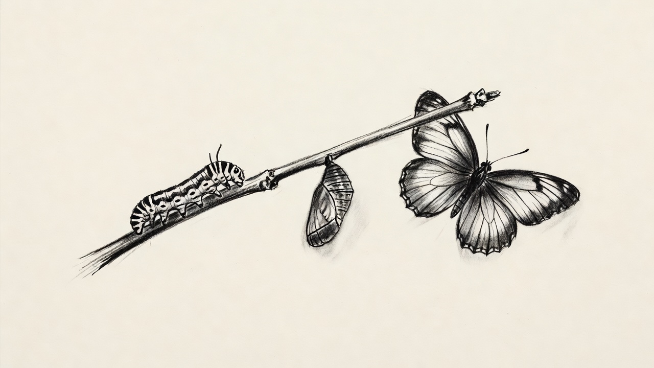 Una rama con una oruga, una crisálida colgando y una mariposa con las alas abiertas.