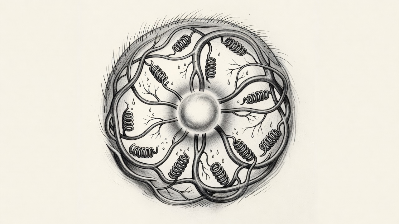 Ilustración circular que muestra el hipotálamo en el centro conectado a vasos sanguíneos, glándulas sudoríparas y piel, representando el ciclo de regulación térmica.
