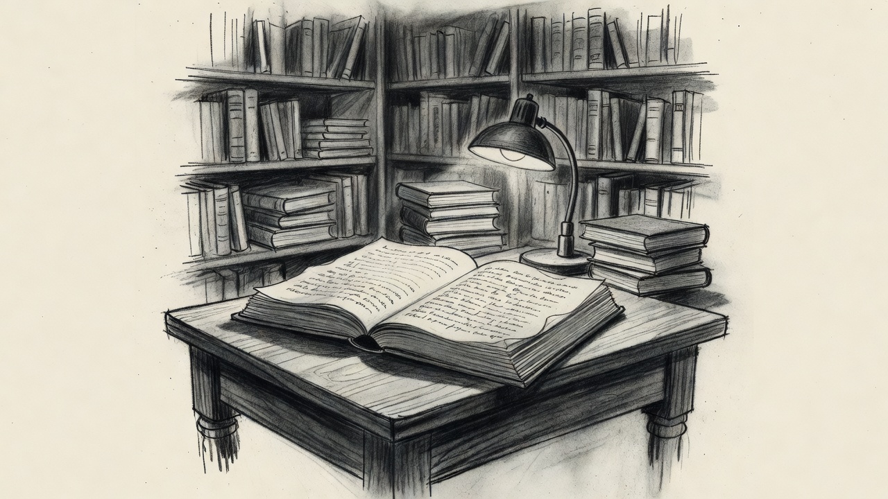 Un libro manuscrito antiguo, abierto sobre la mesa de una biblioteca, junto a una lámpara.
