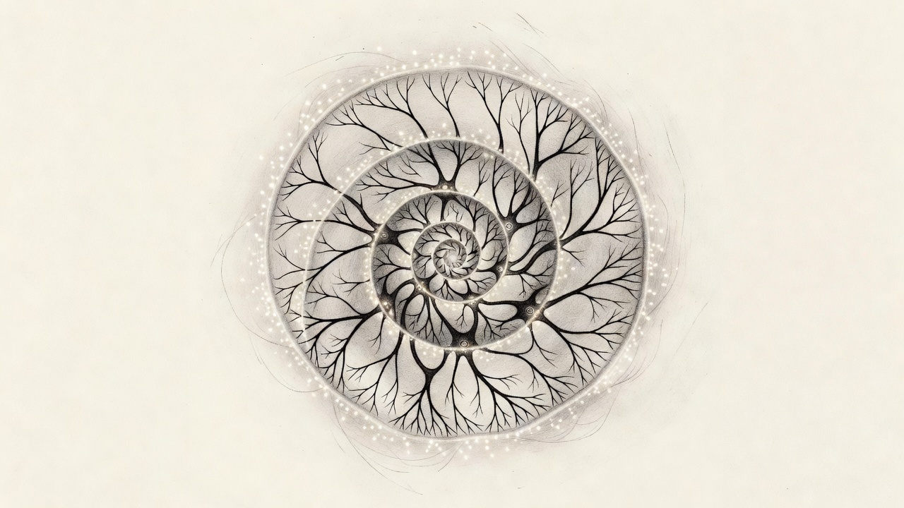 Corte transversal de tejido neuronal con tres zonas concéntricas que van desde un destello difuso hasta una red densa de neuronas entrelazadas en espiral.