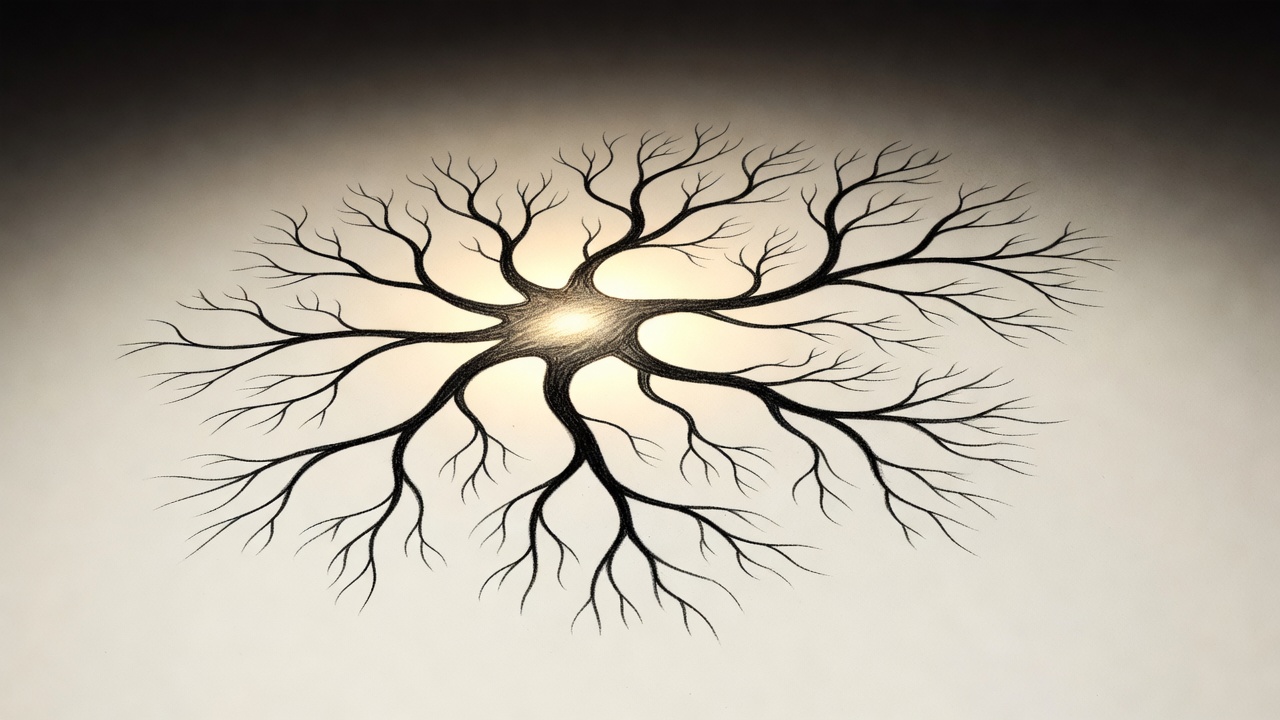 Un camino neuronal ramificado en espiral, con nodos que cambian de color e intensidad y ramas que se ensanchan o estrechan.