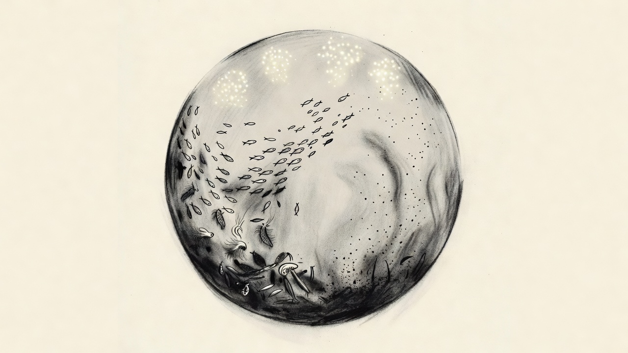 Ilustración circular del ciclo marino: fitoplancton en la superficie, organismos alimentándose, materia en descomposición y carbono reintegrándose al agua.