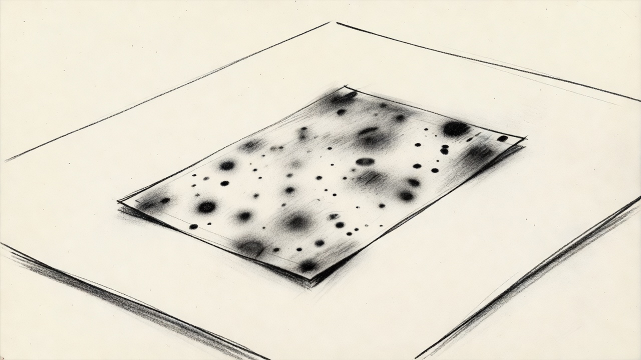 Una hoja de película sobre un banco de laboratorio, con un dibujo disperso de manchas de distintos tamaños.