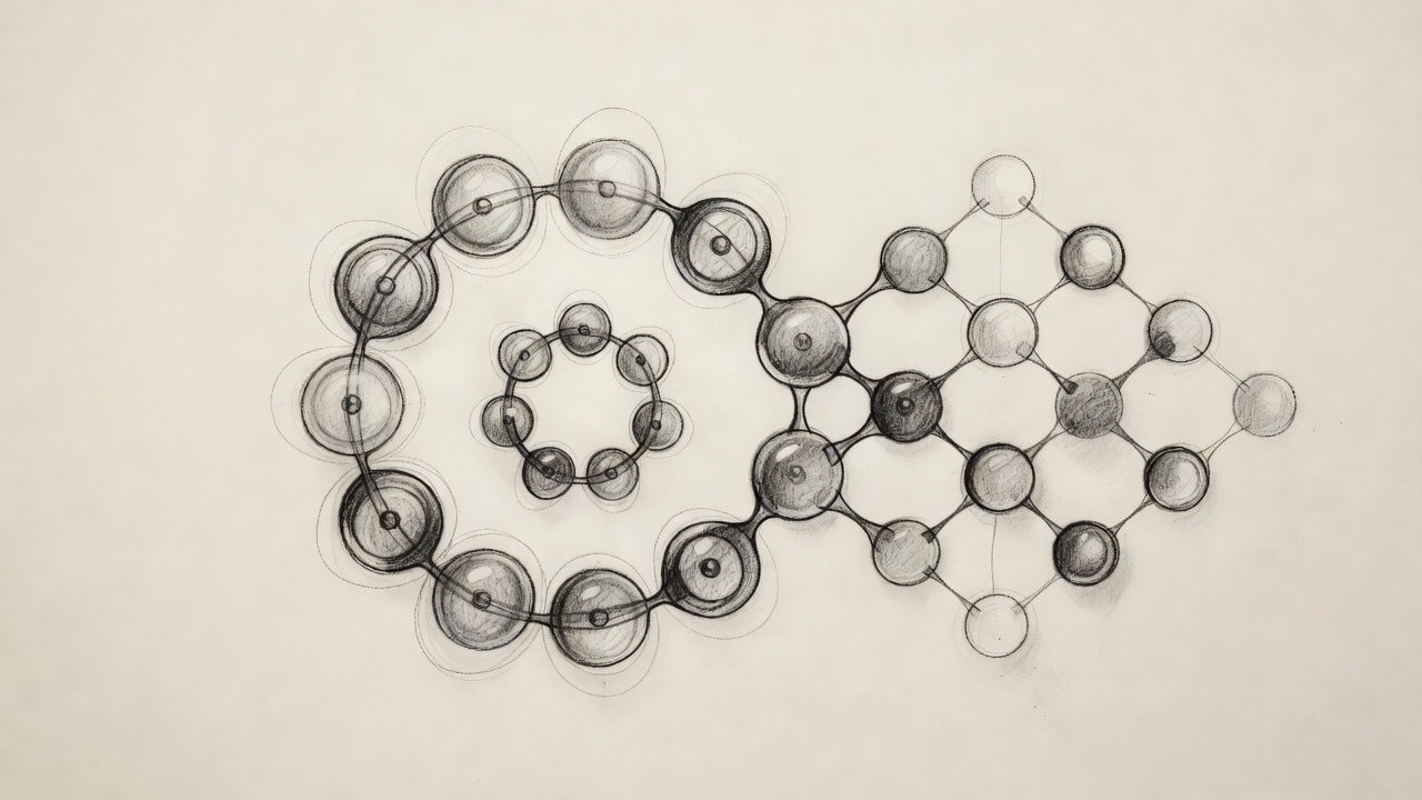 Representación visual del proceso por el que los átomos se enlazan para formar moléculas estables, culminando en una red de moléculas de agua unidas por enlaces de hidrógeno.