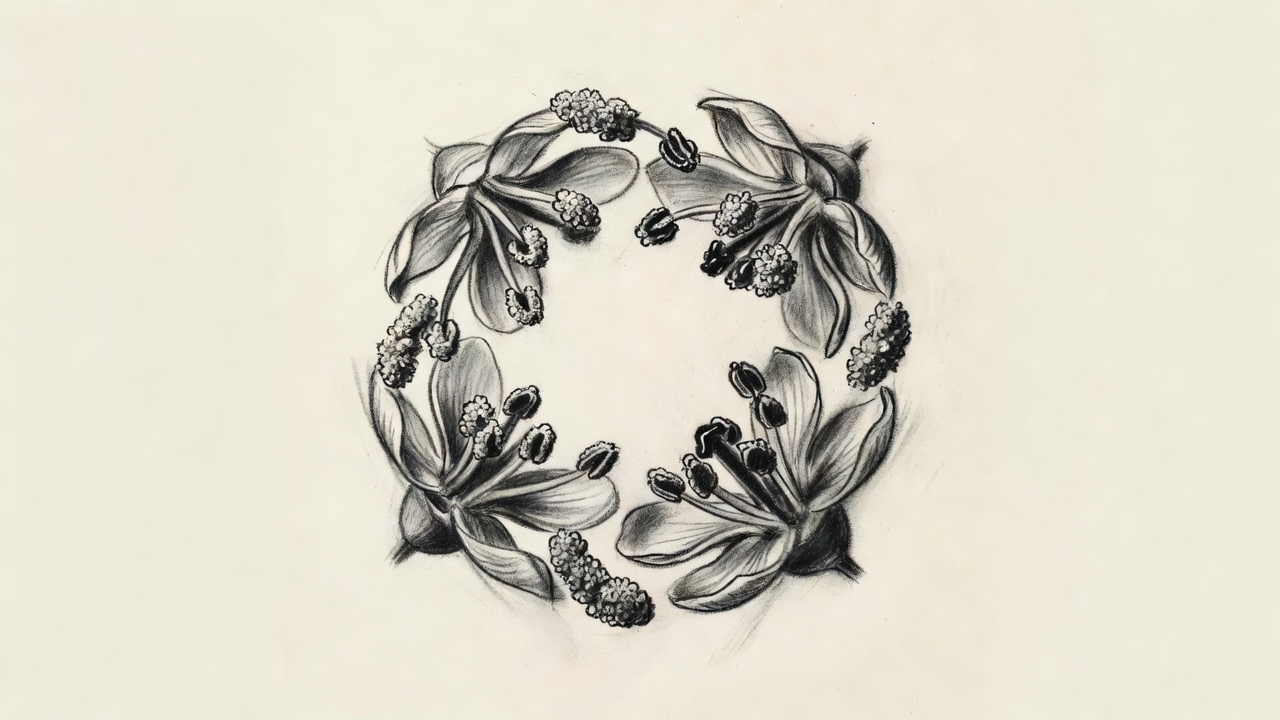 Ilustración de estructuras florales, granos de polen y estigmas dispuestos en una composición circular que evoca el recorrido del polen entre flores.