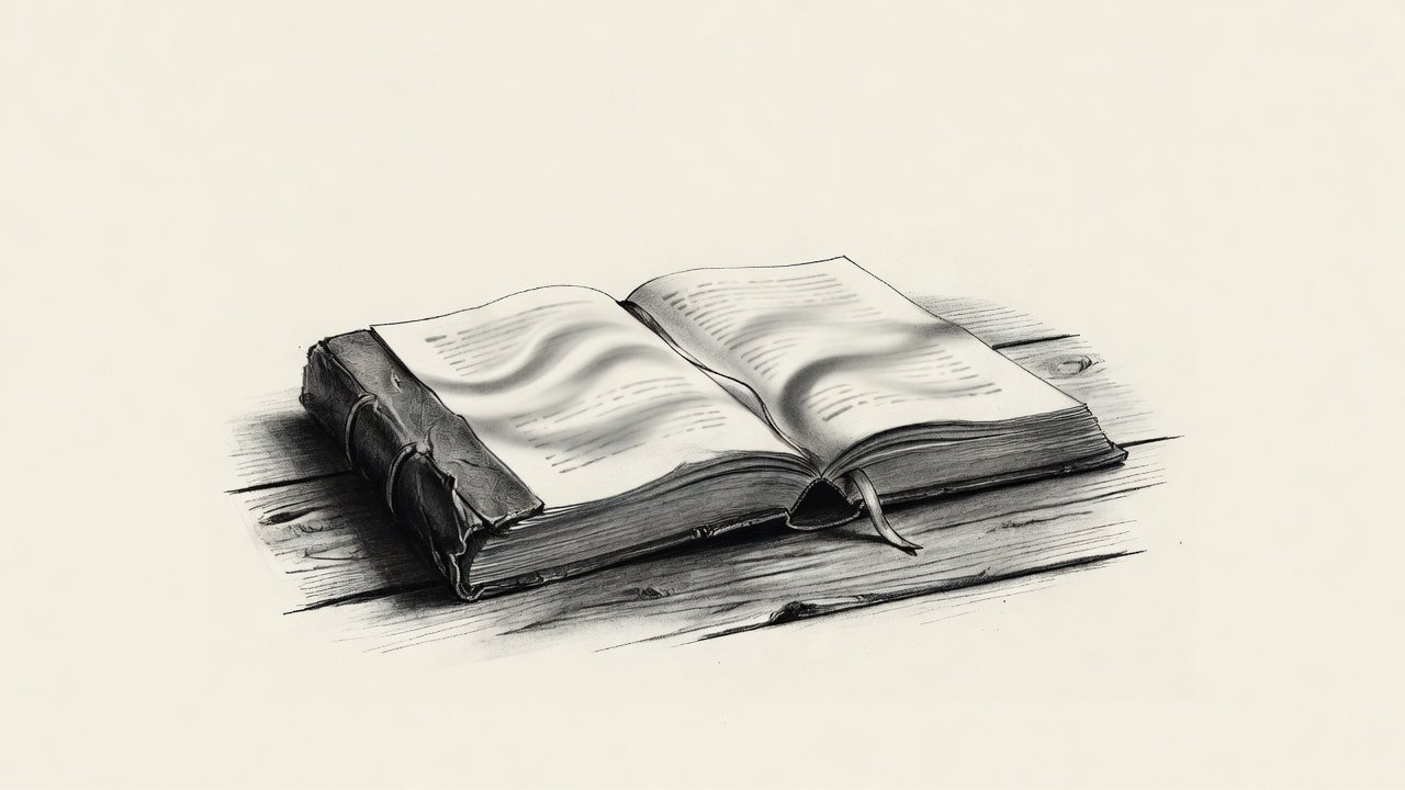 Un libro antiguo abierto sobre una mesa de madera, con una cinta que señala una línea de la página.