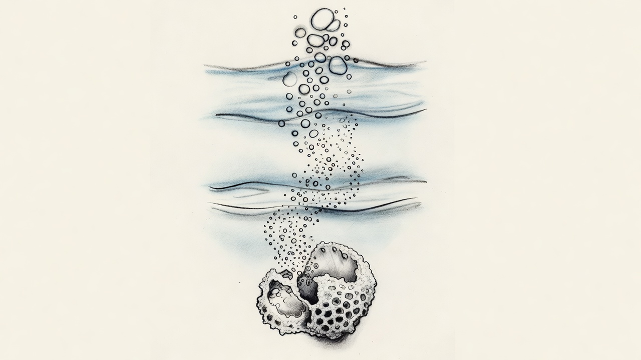 Imagen que muestra el paso del dióxido de carbono del aire al agua, su transformación en iones y el efecto en una concha porosa y debilitada.