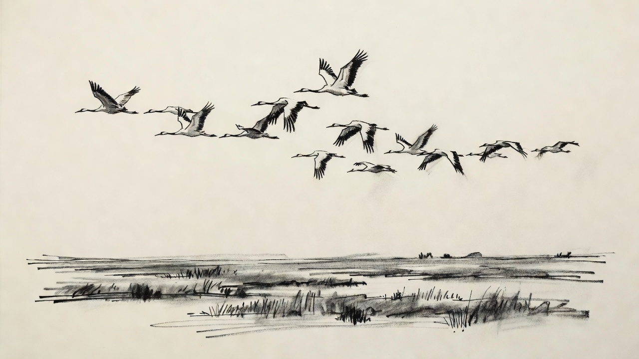 Una bandada de grullas vuela en formación de ángulo sobre un paisaje llano de carrizos.