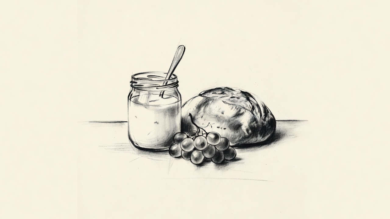 Un tarro de yogur con una cuchara, una hogaza de pan y un racimo de uvas sobre una mesa.