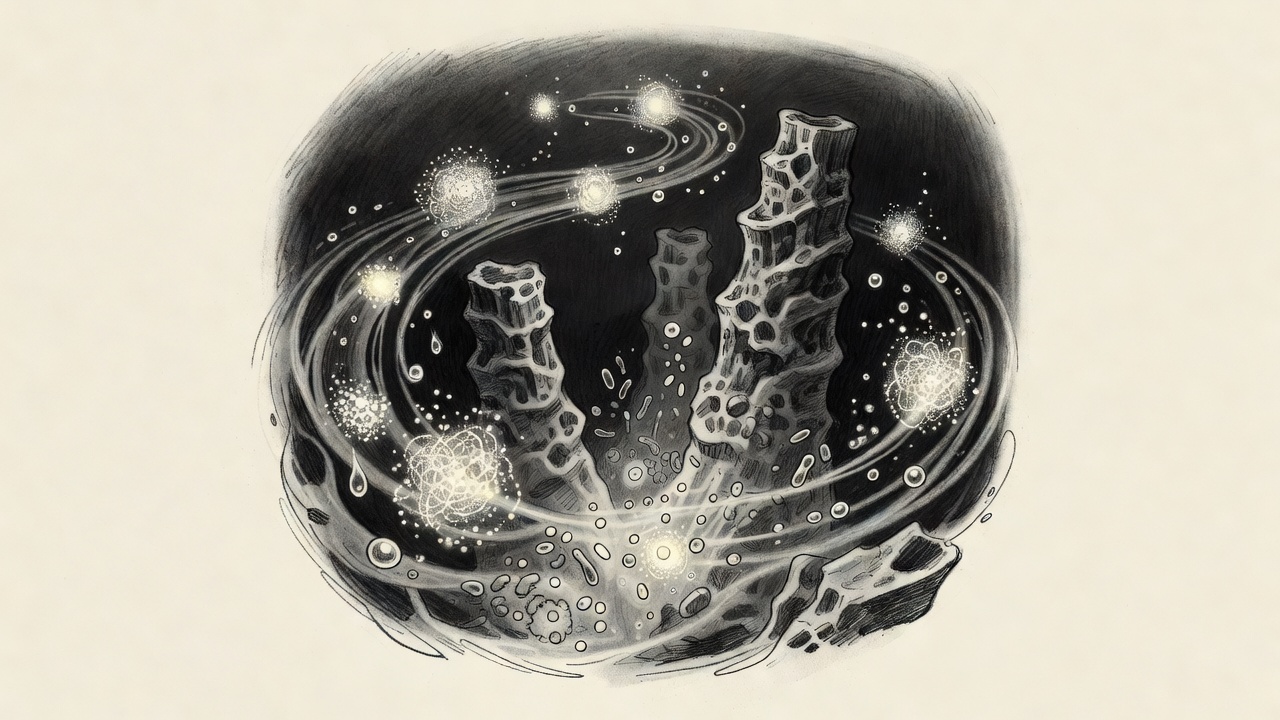 Ilustración de bacterias en una fuente hidrotermal marina transformando azufre y gases en moléculas de azúcar y agua, en una composición circular.