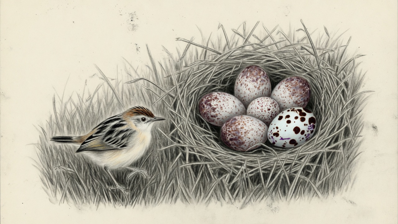 Ilustración de un pájaro listado junto a un nido con un huevo de manchas distintas.
